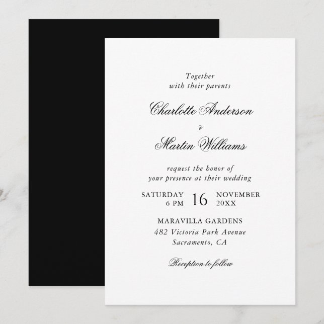Convites Casamento Preto e Branco com Letra Elegante (Frente/Verso)