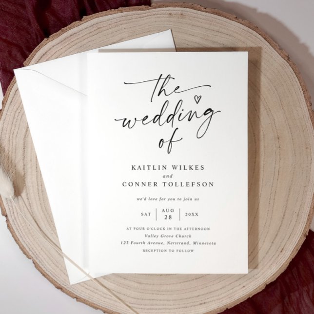 Convites Casamento Preto e Branco com Letra Moderna e Elega (Elegant handwriting modern wedding invitation with hand drawn heart)