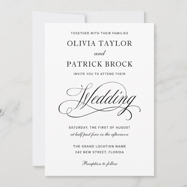 Convites Casamento preto e branco com Script Elegante Simpl (Frente)