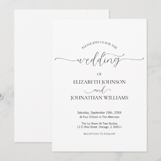 Convites Casamento preto e branco com script mínimo simples (Frente/Verso)