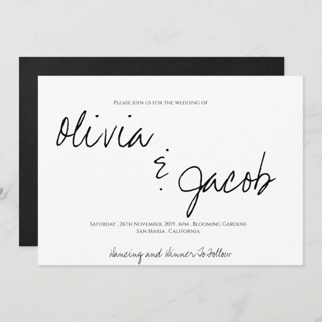 Convites Casamento Preto e Branco com Script Moderno Elegan (Frente/Verso)