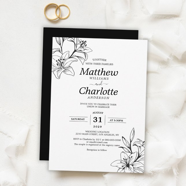 Convites Casamento preto e branco da Flor Lily Elegante (Elegant Lily Flower Black and White Wedding Invitation
)