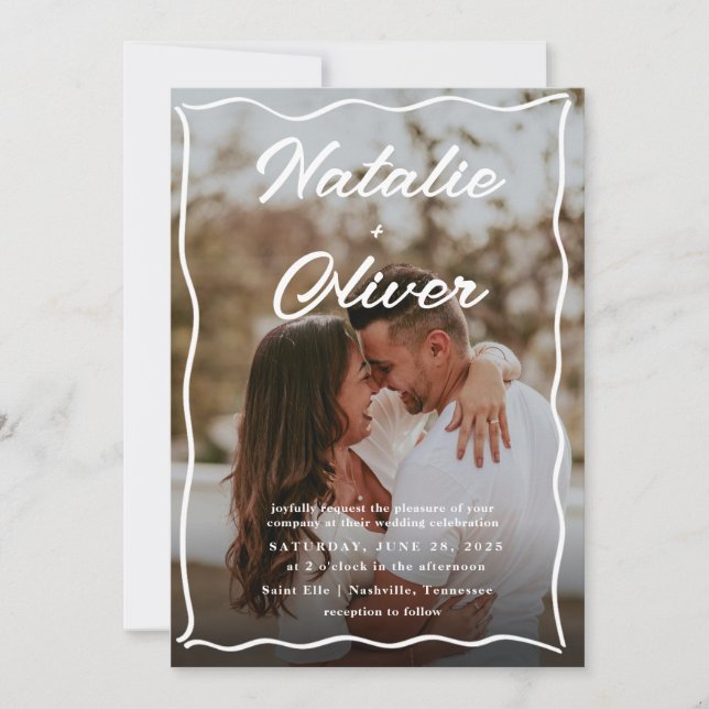 Convites Casamento preto-e-branco de borda desenhada à mão (Frente)