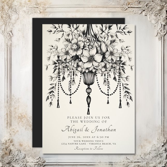 Convites Casamento Preto e Branco de Chandelier Floral Eleg (Elegant Floral Chandelier Black and White Wedding Invitation)