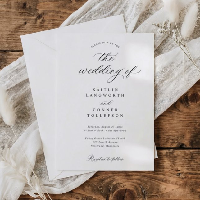 Convites Casamento Preto e Branco de Dinheiro Antigo Simple (Classic black and white wedding invitation with elegant calligraphy and traditional script)