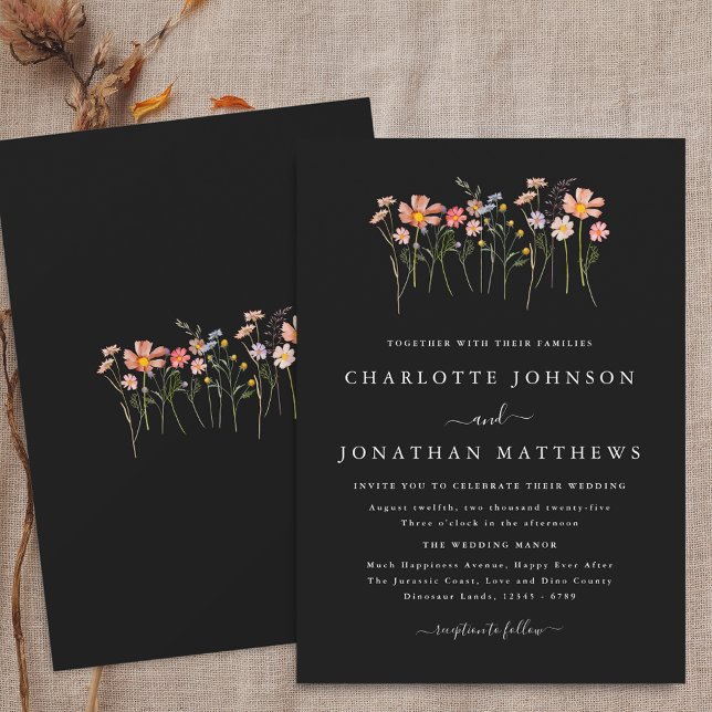 Convites Casamento Preto e Branco de Flor Selvagem Simples (Boho fall Wildflower floral black and white Wedding invitation Minimalist watercolor autumn flowers)