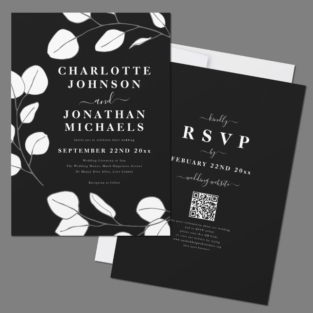 Convites Casamento preto e branco de folha simples e elegan (Modern elegant minimalist leaf black and white wedding invitation with RSVP online website QR Code)