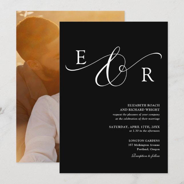 Convites Casamento Preto E Branco de Monograma Elegante (Frente/Verso)