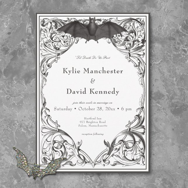 Convites Casamento Preto e Branco de Morcego Vitoriano Até  (Victorian Bat Until Death Black & White Wedding Invitation)
