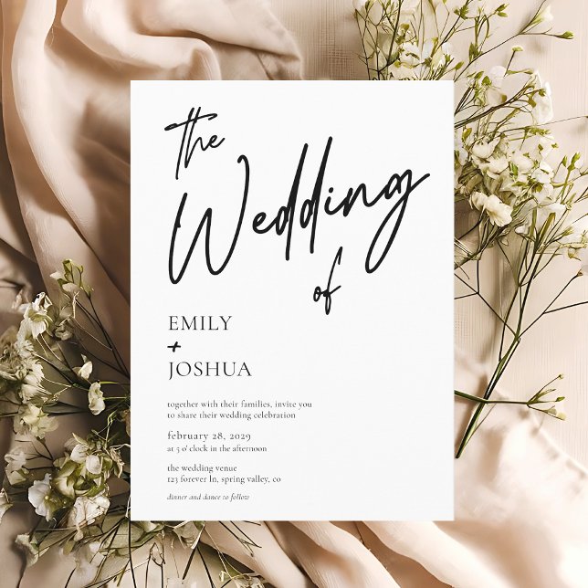 Convites Casamento Preto e Branco de Roteiro Moderno Simple (Front of the wedding invitation shown in 5x7 inches. Choose paper, size and corner style.)