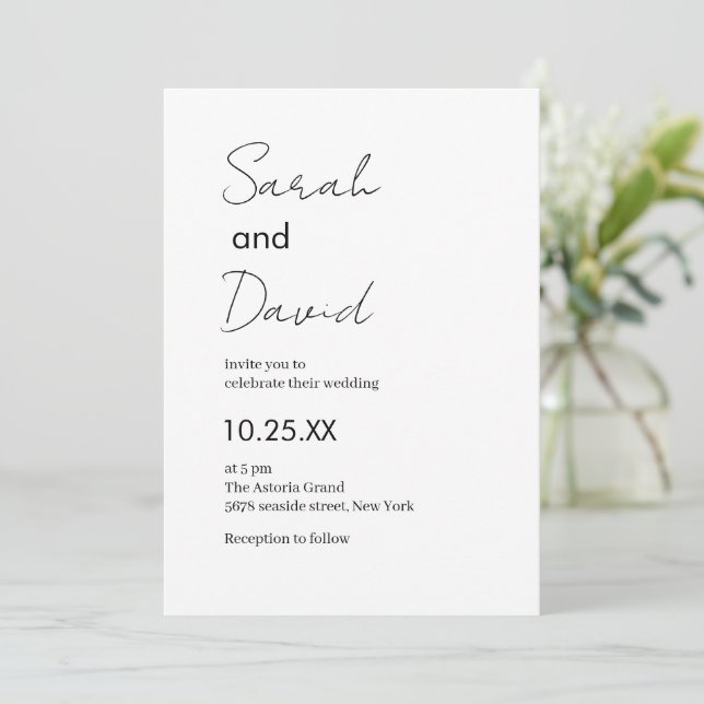Convites Casamento preto e branco de texto clássico lindo (Em pé/Frente)
