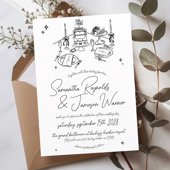 Convites Casamento preto e branco desenhado na mão (Fun retro hand drawn wedding table with cake candles and bows illustration handwritten wedding set)