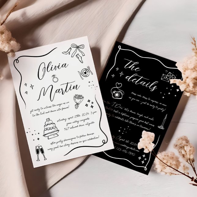 Convites Casamento preto e branco desenhado pela mão (Criador carregado)