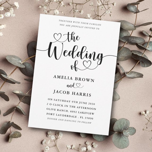 Convites Casamento Preto e Branco do Coração Mínimo Moderno (Criador carregado)