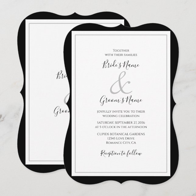 Convites Casamento preto e branco do monograma elegante (Frente/Verso)