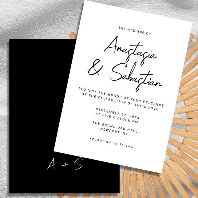 Convites Casamento Preto e Branco do Script de Caligrafia E (Elegant Calligraphy Script Black & White Wedding Invitation)