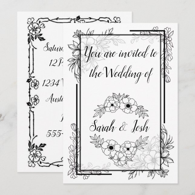Convites Casamento Preto e Branco Elegante (Frente/Verso)