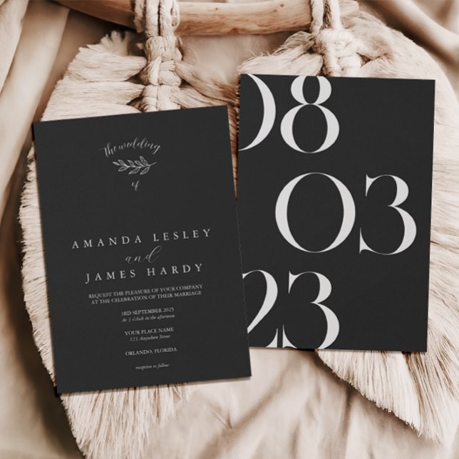 Convites Casamento preto e branco Elegante Mínimo Folha (Criador carregado)