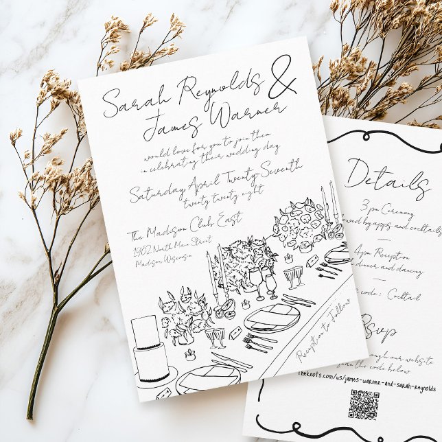 Convites Casamento Preto e Branco em Forma de Simples (Elegant romantic hand drawn handwritten quirky scribble black and white floral table wedding cards)