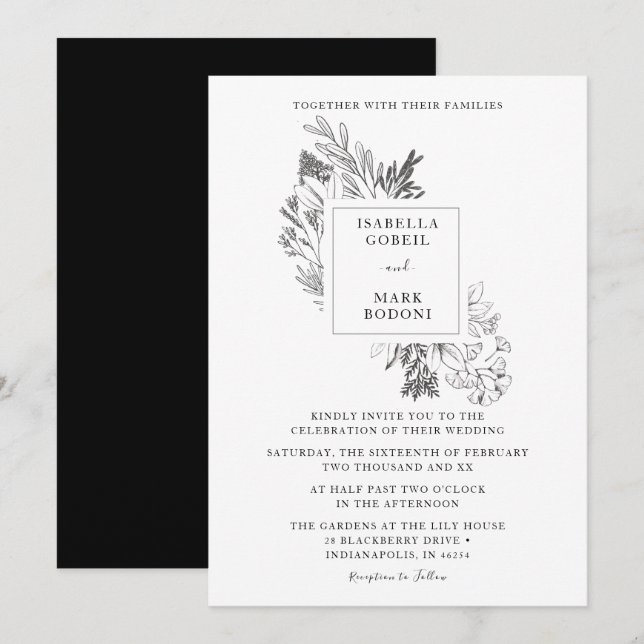Convites Casamento Preto e Branco Floral Mínimo (Frente/Verso)
