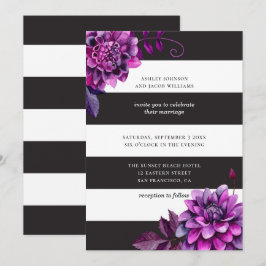 Convites Casamento preto e branco. Floral roxo de aquarela
