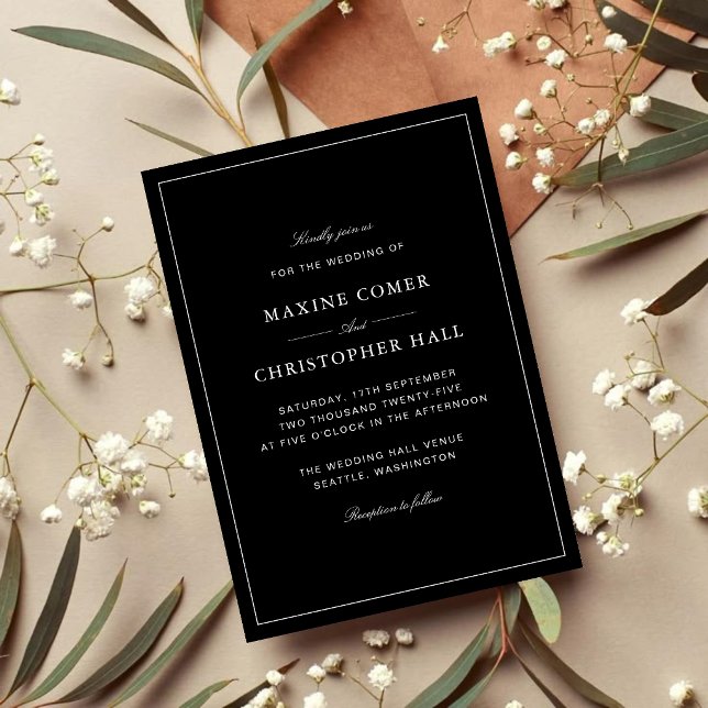 Convites Casamento Preto e Branco Formal Simples e Elegante (Simple black and white wedding invitation creates a timeless, elegant first impression.)