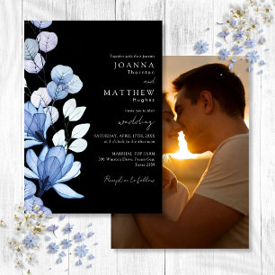 Convites Casamento Preto e Branco Foto Floral Azul