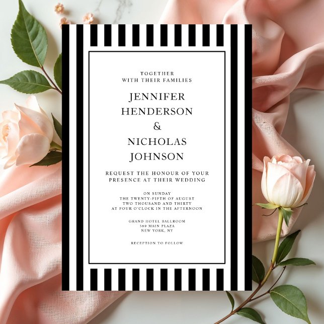 Convites Casamento Preto E Branco Listras Formais Elegantes (Elegant Formal Stripes Black And White Wedding Invitation)
