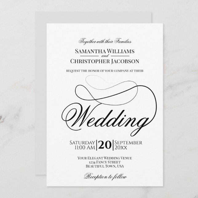 Convites Casamento preto e branco minimalista de elegância  (Frente/Verso)