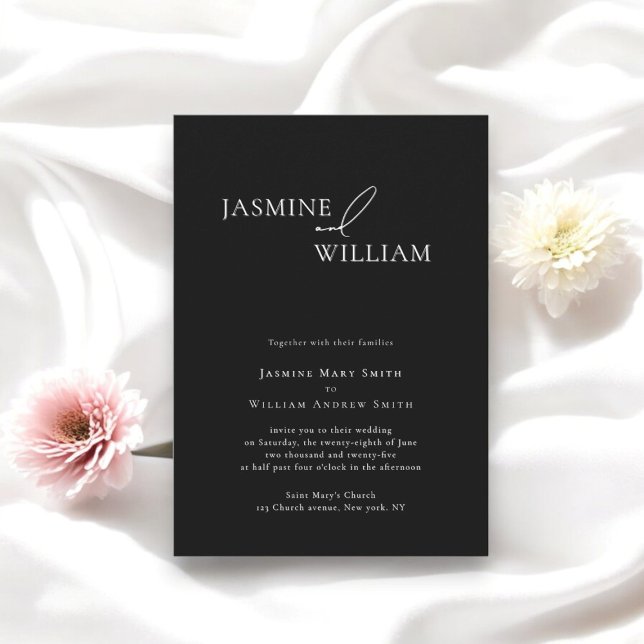 Convites Casamento preto e branco mínimo moderno (wedding invitation designed by willows weddings , this invite comes in many text formations in store)