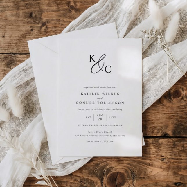 Convites Casamento Preto e Branco Moderno e Simples (Modern wedding logo monogram wedding invitations in black and white.)