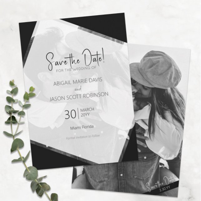 Convites Casamento preto e branco moderno Salve a data (Modern Minimalist Black and White Wedding Save the Date with Your Engagement Photo )