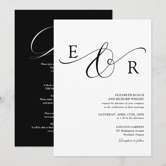 Convites Casamento Preto e Branco Monograma Chic Tudo em Um (Frente/Verso)