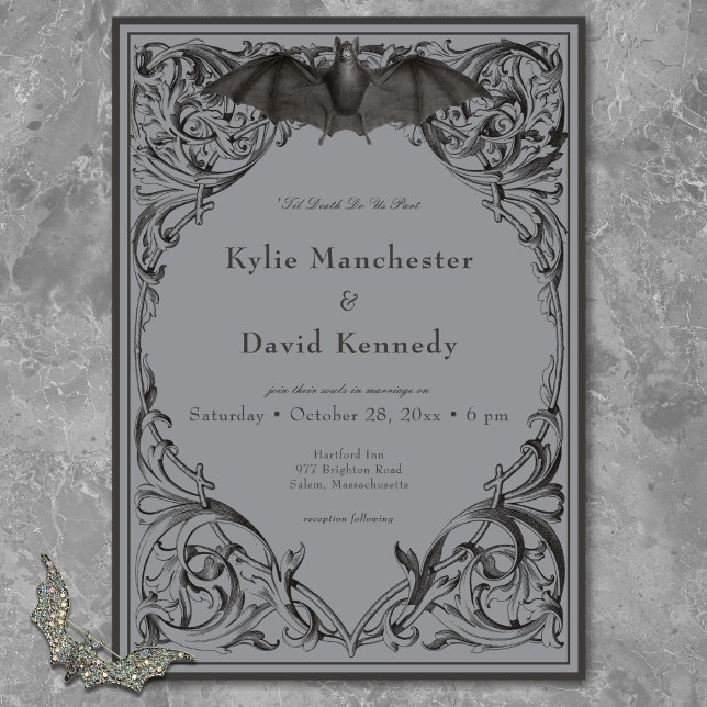 Convites Casamento Preto e Cinza Morcego Vitoriano Até a Mo (Victorian Bat Until Death Black & White Wedding Invitation)