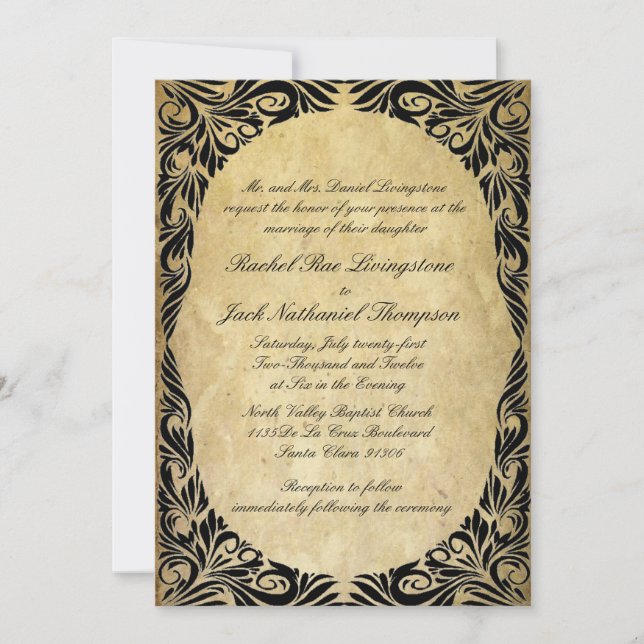 Convites Casamento preto e de creme do vintage (Frente)