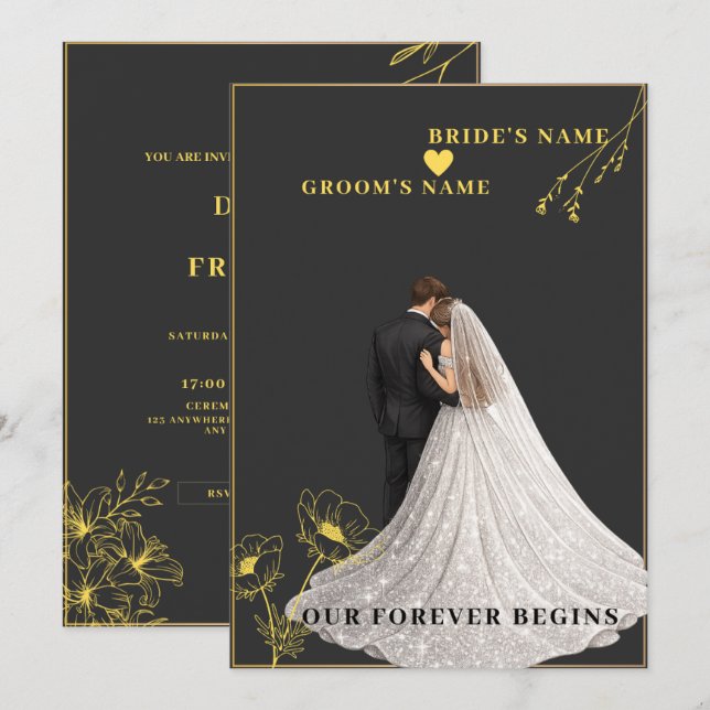 Convites casamento preto e dourado (Frente/Verso)