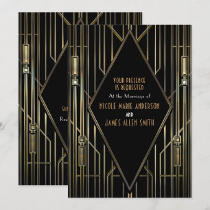 Convites Casamento Preto e Dourado Art Déco Gatsby Glam dos