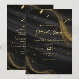 Convites Casamento Preto e Dourado Chic Moderno e Elegante