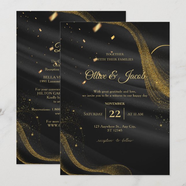 Convites Casamento Preto e Dourado Chic Moderno e Elegante  (Frente/Verso)