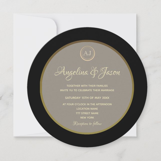 Convites Casamento Preto e Dourado com Monograma Elegante (Frente)