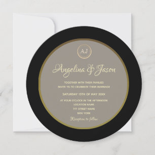Convites Casamento Preto e Dourado com Monograma Elegante