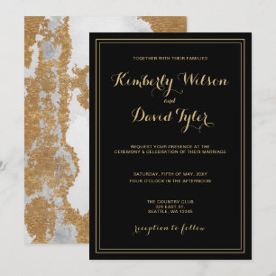 Convites Casamento preto e Dourado de mármore