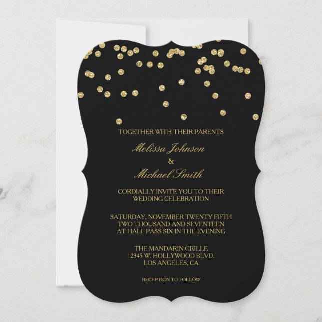 Convites Casamento preto e Dourado elegante dos confetes (Frente)