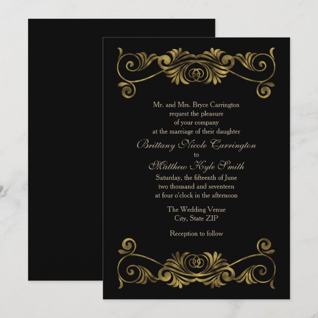 Convites Casamento Preto e Dourado Formal Elegante (Frente/Verso)