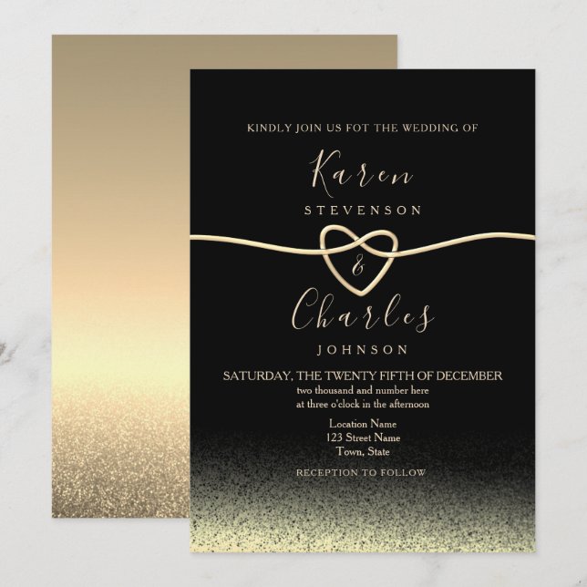 Convites Casamento Preto e Dourado Moderno (Frente/Verso)