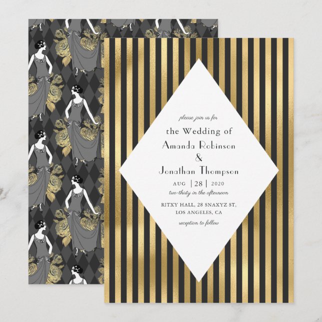Convites Casamento Preto e Dourado Paris Art Déco (Frente/Verso)