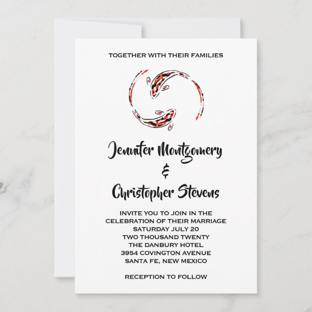 Convites Casamento Preto e Vermelho de Peixes Koi Japoneses (Frente)