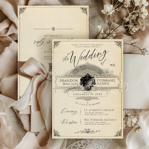 Convites Casamento Preto Elegante Vintage Vitoriano de Famí