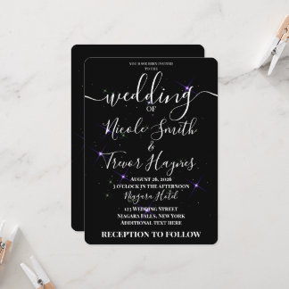 Convites Casamento Preto Estrelas Roxas Personalizadas