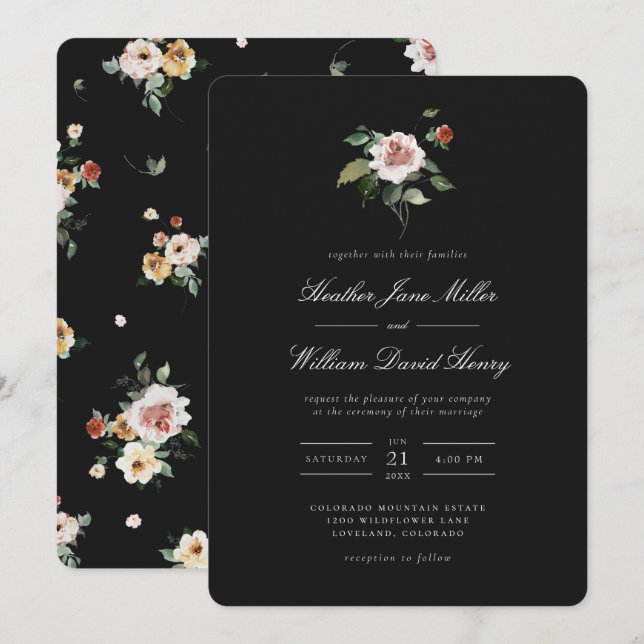 Convites Casamento Preto Floral (Frente/Verso)